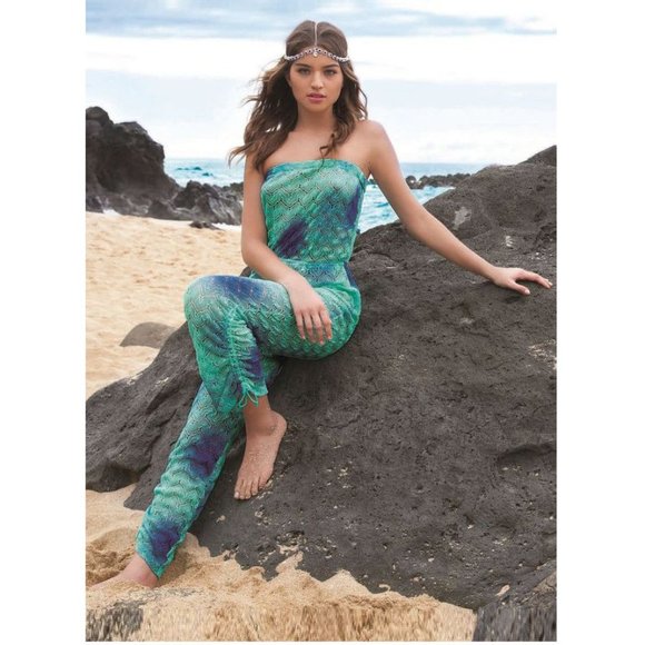 LULI FAMA SIETE MARES Crochet Strapless Jumpsuit Cover Up Size L Blue Multi NEW - Picture 6 of 11